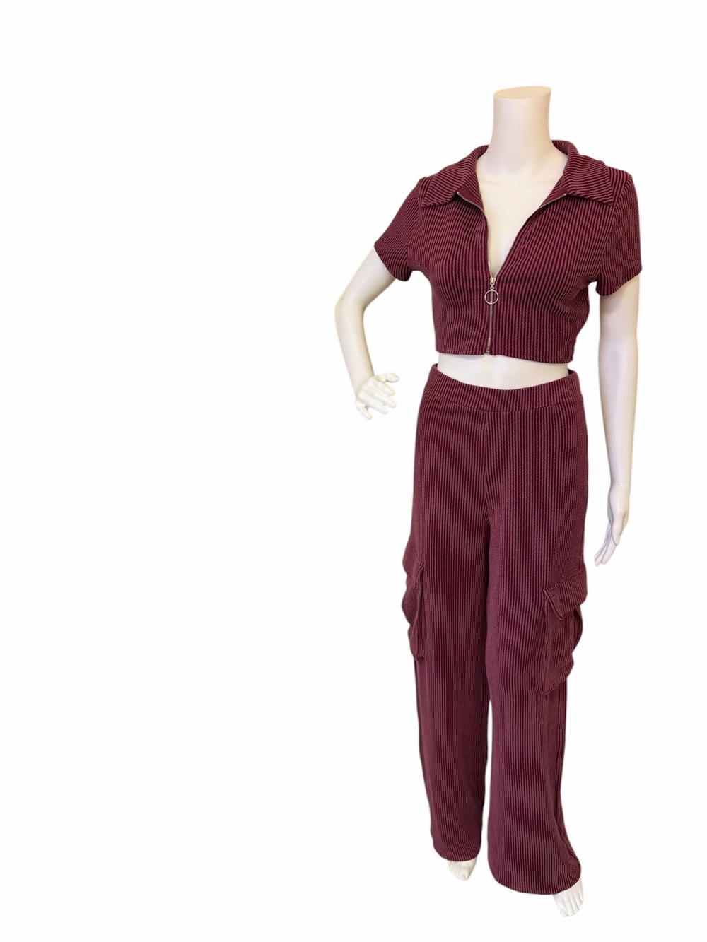 Ribbed Cargo Wide-Leg Pants Set